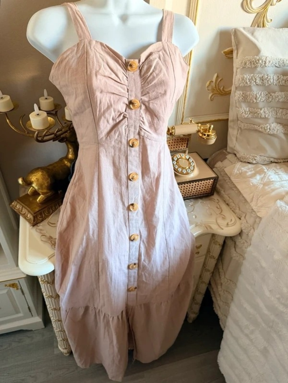 Sleeveless Light Pink Button-Front Maxi Dress with Ruched Bust